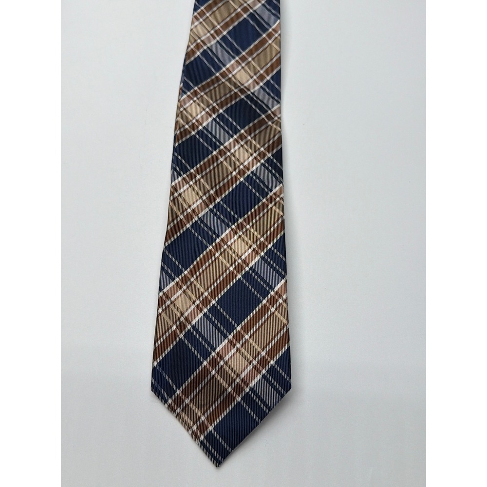 Jos. A. Bank Executive Collection Mens Navy Blue‎ Tan Plaid 100% Silk Necktie
